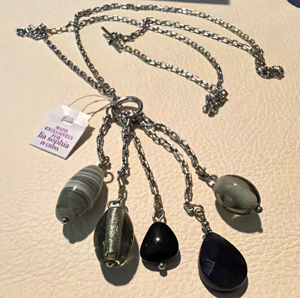 Lia Sophia Silver Tone Multi-Strand Bar Link Glass Teardrop Charm Necklace